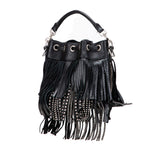 Small Studded Calfskin Emmanuelle Fringe Bucket Bag Black - Lab Luxury Resale