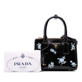 Mini Brushed Leather Floral Print Galleria Double Zip Satchel Black - Lab Luxury Resale