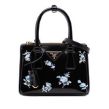 Mini Brushed Leather Floral Print Galleria Double Zip Satchel Black - Lab Luxury Resale