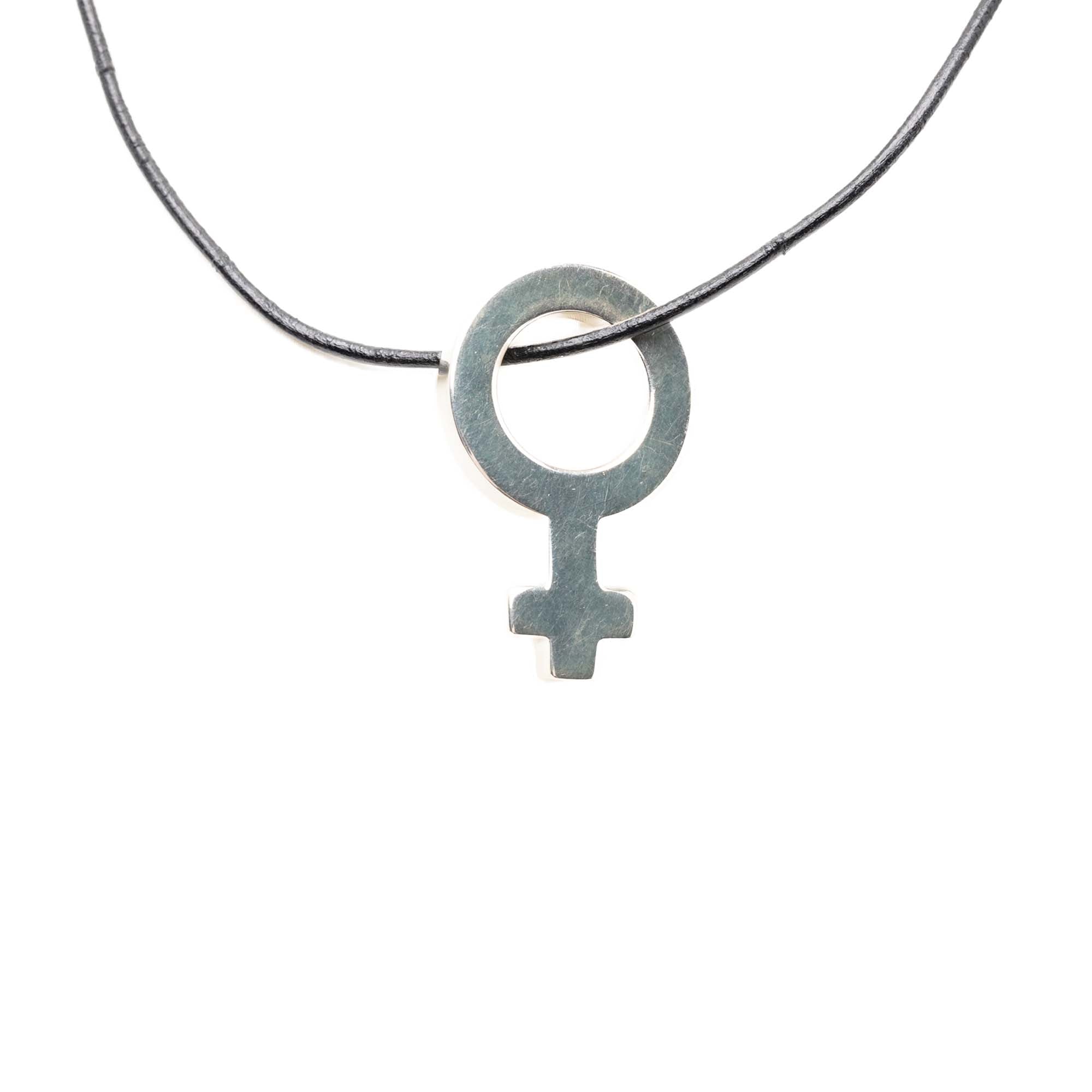 Leather and Sterling Silver Venus Symbol Pendant Necklace Black - Lab Luxury Resale