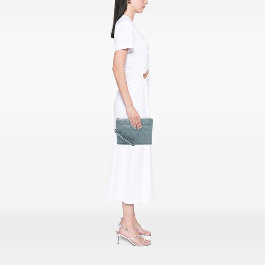 Dior Medium Calfskin Cannage Caro Daily Pouch in blue with quilted pattern and gold-tone hardware, designed for everyday use.