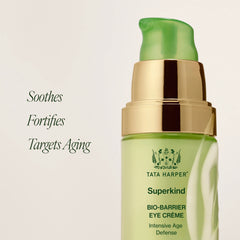 Tata Harper Superkind Bio-Barrier Eye Crème in a 15ml jar, shown with the lid off revealing the creamy eye treatment inside.