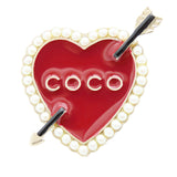Gold Plated Enamel Faux Pearl Coco Heart and Arrow Brooch Red - Lab Luxury Resale