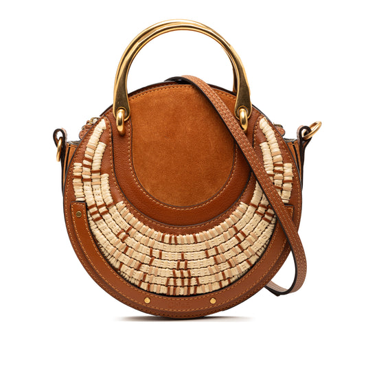 Chloé small suede and raffia Pixie satchel bag with top handle and woven details, stylish and compact for everyday use