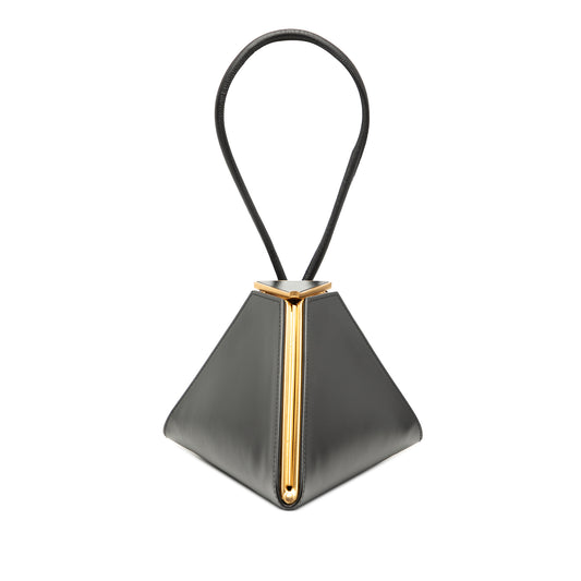 Black Bottega Veneta calfskin pyramid handbag with top handles and signature woven design, stylish and luxurious for everyday or special occasions.