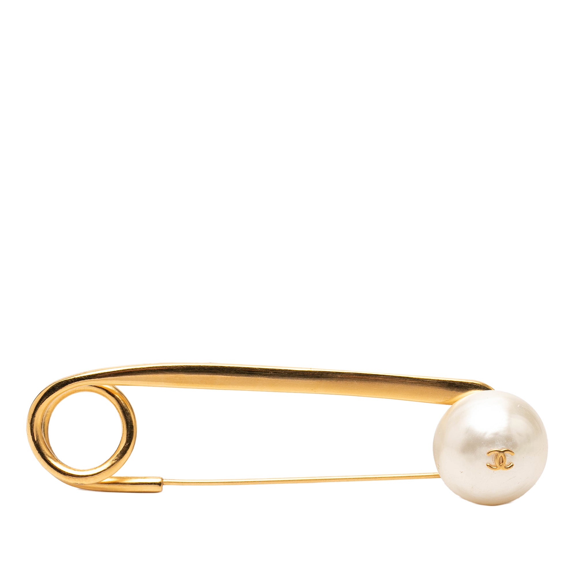 CC Gold Plated Faux Pearl Safety Pin Brooch Gold - Lab Luxury Resale