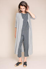 Raquel Allegra grey stripe duster dress in cream, size XS, flowing lightweight clothing with long sleeves and a relaxed fit.
