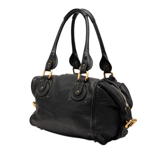 Black Chloé Leather Paddington Shoulder Bag with silver hardware and structured design, showcasing its elegant style.