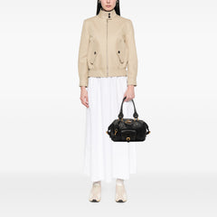 Black Chloé Leather Paddington Shoulder Bag with structured design and top handle, featuring signature hardware and spacious interior.
