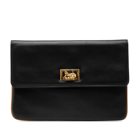 Black Celine Leather Carriage Clutch bag with elegant design and top handle, featuring a smooth leather finish.