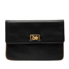 Black Celine Leather Carriage Clutch bag with elegant design and top handle, featuring a smooth leather finish.