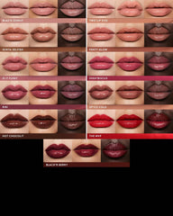 Fenty Beauty Gloss Bomb Stix high-shine gloss stick in various shades, displayed on a shade grid with black and berry tones.