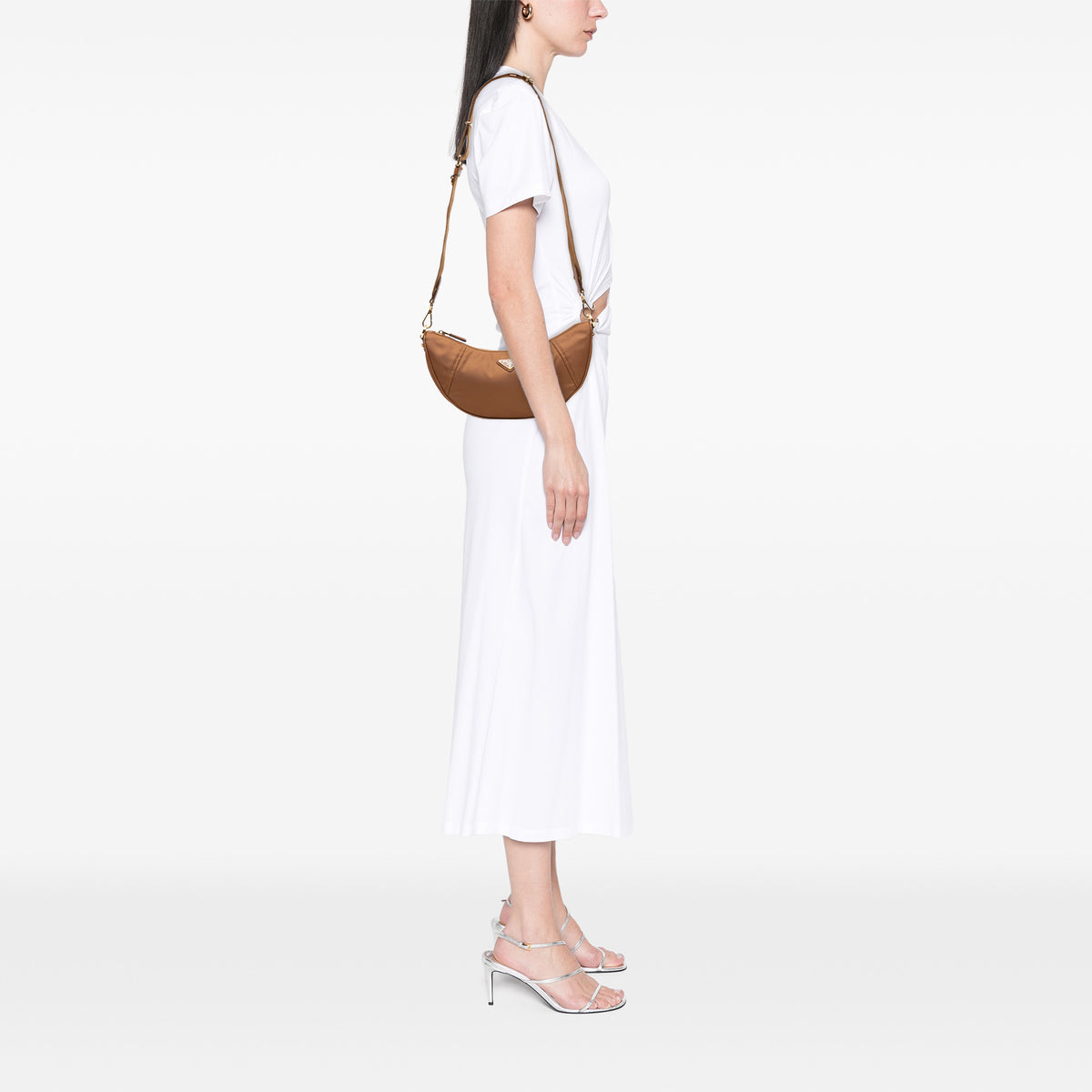 Saffiano Trimmed Re Nylon Demi Lune Satchel Brown - Lab Luxury Resale