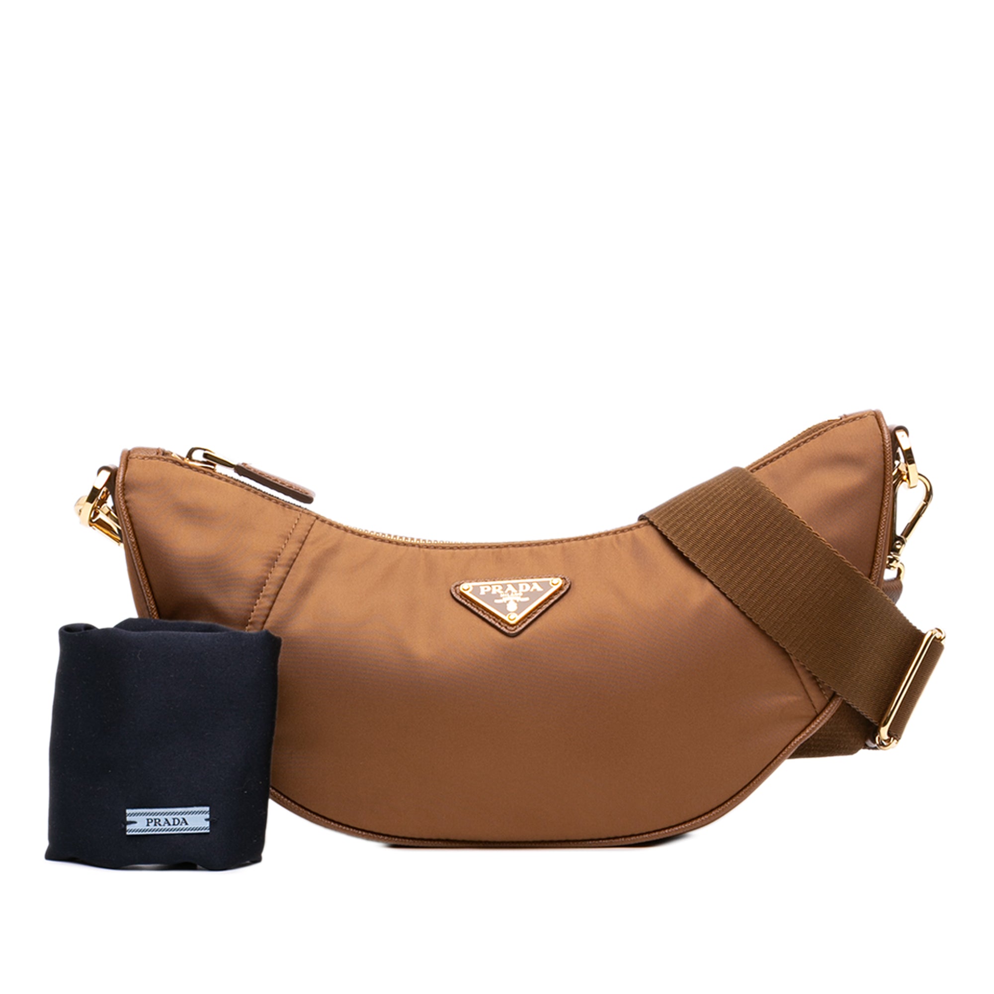 Saffiano Trimmed Re Nylon Demi Lune Satchel Brown - Lab Luxury Resale