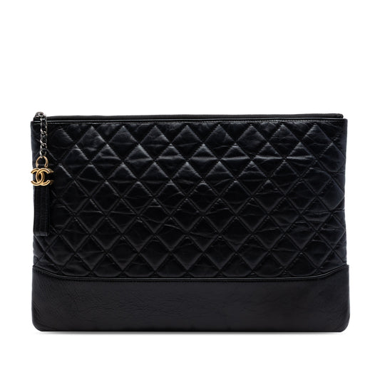 Pre-owned Chanel large aged calfskin Gabrielle O case clutch bag in black with gold hardware, stylish and elegant for everyday use.