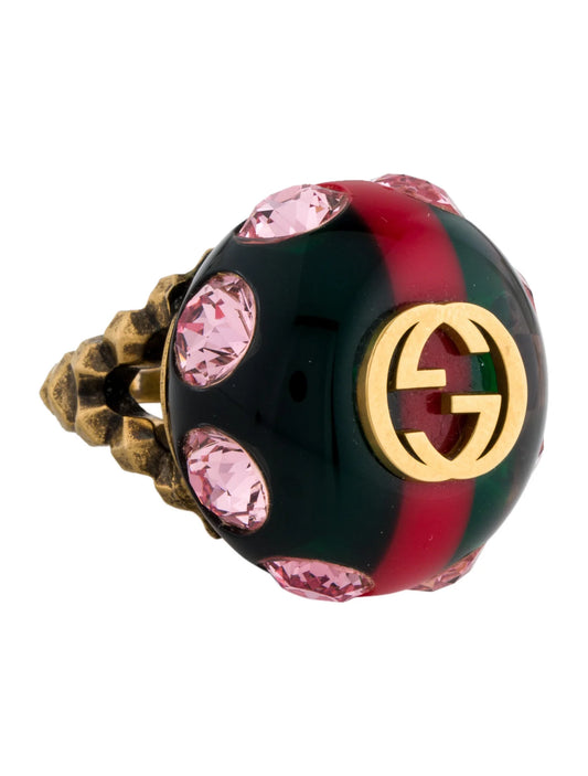 Gucci Logo Resin Crystal Embellished Gold Tone Cocktail Ring Size Medium