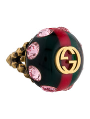 Gucci Logo Resin Crystal Embellished Gold Tone Cocktail Ring Size Medium