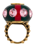 Gucci Logo Resin Crystal Embellished Gold Tone Cocktail Ring Size Medium - LAB