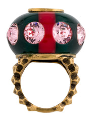 Gucci Logo Resin Crystal Embellished Gold Tone Cocktail Ring Size Medium