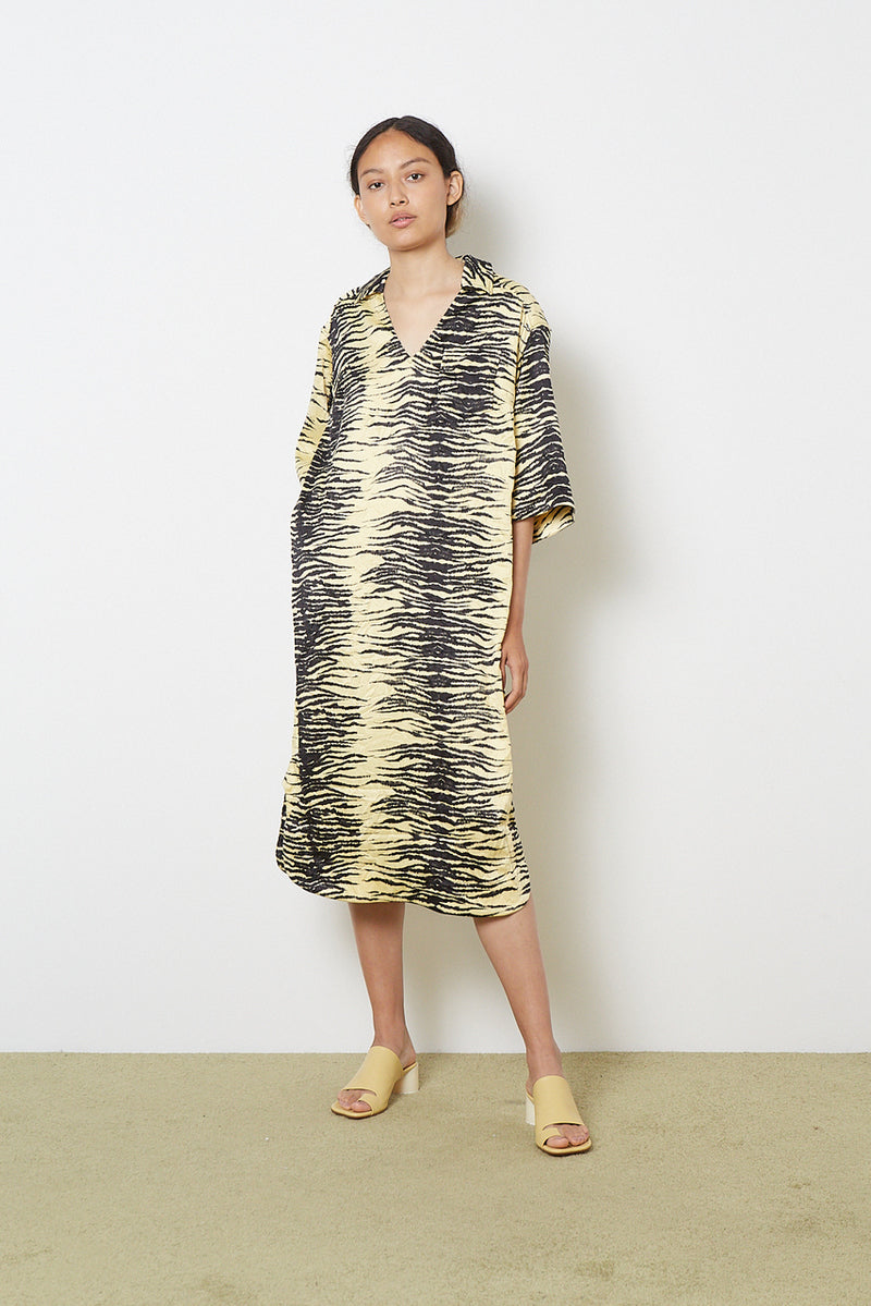 Ganni yellow and black crinkle satin dress with zebra print, size XS, stylish and lightweight for casual or dressy occasions.