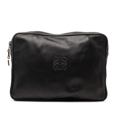 Black LOEWE Leather Anagram Clutch bag with sleek design and textured leather surface.