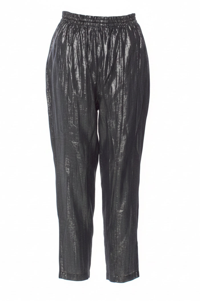 Suzie Kondi gunmetal shine pants in size M/L, stylish metallic women's clothing with a sleek, shiny finish and modern fit.