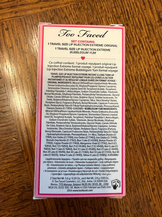 Too Faced Lip Injection Plump & Pretty Set, unopened beauty kit with lip plumping gloss and matching lip products on a white background.