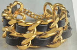 Pre-Owned Chanel Vintage 1995 Gold Double Leather Chain Cuff Bracelet - LAB