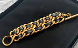 Pre-Owned Chanel Vintage 1995 Gold Double Leather Chain Cuff Bracelet - LAB
