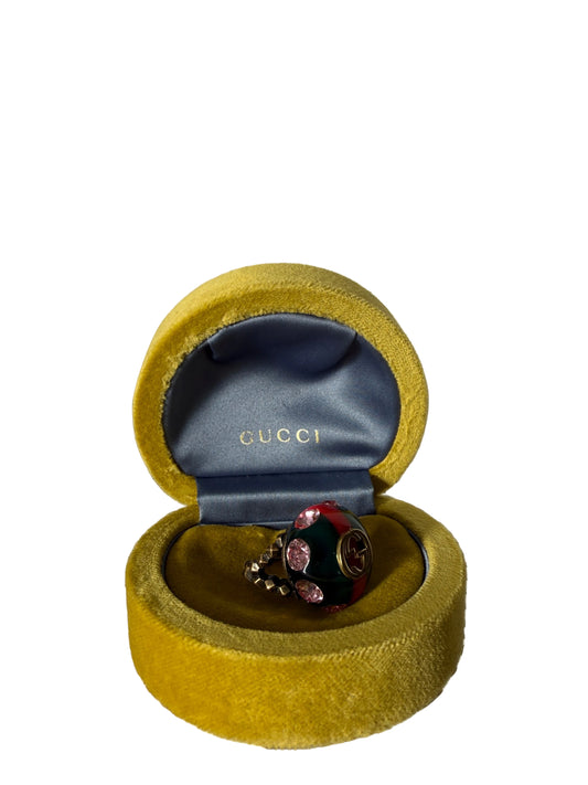 Gucci Logo Resin Crystal Embellished Gold Tone Cocktail Ring Size Medium