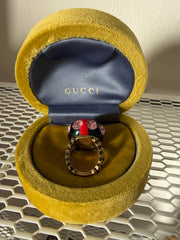 Gucci Logo Resin Crystal Embellished Gold Tone Cocktail Ring Size Medium