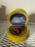 Gucci Logo Resin Crystal Embellished Gold Tone Cocktail Ring Size Medium - LAB