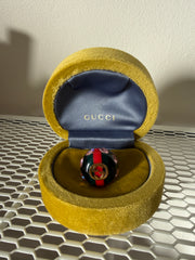 Gucci Logo Resin Crystal Embellished Gold Tone Cocktail Ring Size Medium