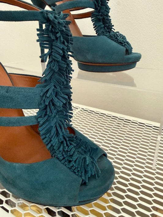 Gucci petroleum teal suede T-strap sandals with fringed design, size 36.5, featuring elegant footwear style.