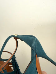 Gucci Petroleum Teal suede fringed T-strap sandals size 36.5, stylish women's shoes with fringed detail and T-strap design.