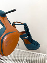Gucci Petroleum teal suede fringed T-strap sandals size 36.5, featuring stylish design and elegant detailing.