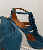 Gucci Petroleum Teal Suede Fringed T-Strap Sandals Size 36.5