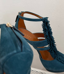 Gucci Petroleum Teal suede fringed T-strap sandals size 36.5, showcasing stylish footwear with intricate detailing.