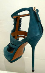 Gucci petroleum teal suede fringed T-strap sandals in size 36.5, featuring stylish design and open toe.