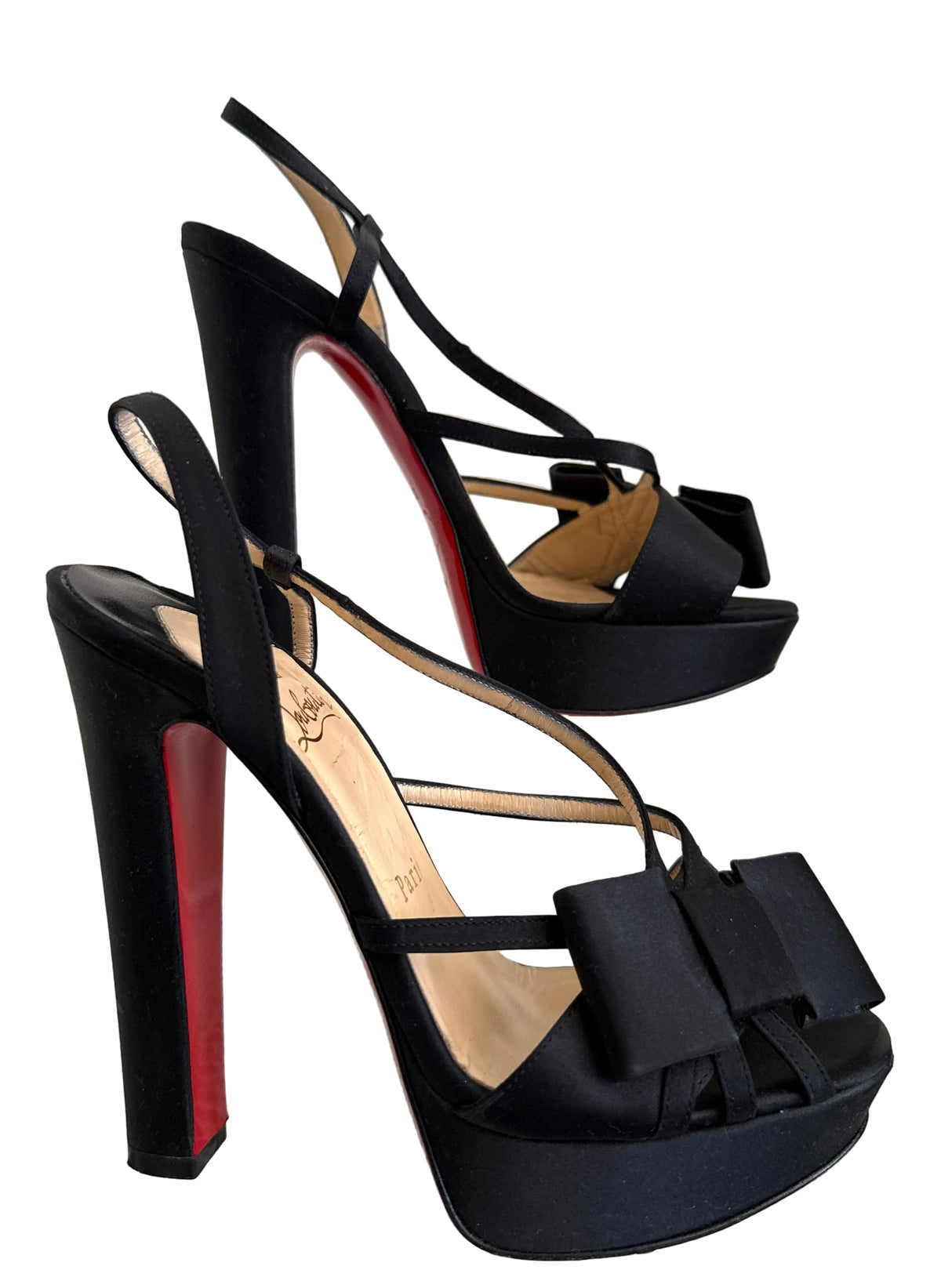 Christian Louboutin satin bow slingback disco noeud platform sandals size 37.5 with red sole and elegant design.