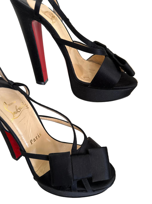 Christian Louboutin satin bow slingback disco noeu platform sandals size 37.5, featuring elegant satin material and stylish design.
