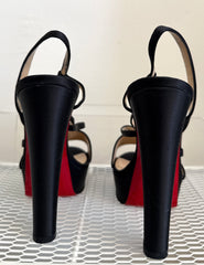Christian Louboutin satin bow slingback disco noeud platform sandals in size 37.5, featuring elegant design and signature red sole.