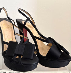 Christian Louboutin satin bow slingback disco noeud platform sandals size 37.5 with red sole and elegant design.