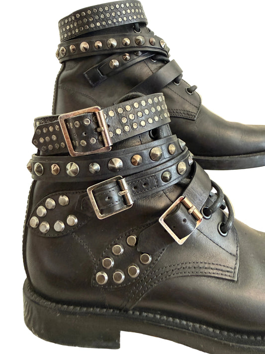 Yves Saint Laurent Ranger Stud Boot with wrap straps in size 37.5, showcasing black leather boots with studded accents.