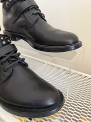 Yves Saint Laurent Ranger Stud Boot with wrap straps, size 37.5, featuring black leather and silver stud detailing.