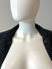 Ann Demeulemeester black two-way blazer in size 34/2, tailored fit, with classic lapels and sleek design.