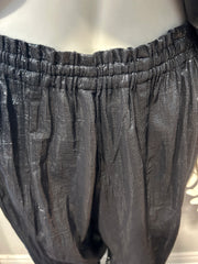 Suzie Kondi gunmetal shine pants in size M/L, stylish metallic clothing with a sleek, shiny finish and fitted silhouette.