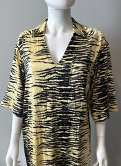Ganni yellow and black crinkle dress in size XS, featuring a stylish, textured fabric and vibrant color pattern.