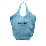 Prada Raffia Effect Crochet Logo Embroidered Shopping Tote