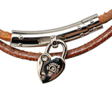 Leather Double Tour Palladium Plated Cadena Heart Charm Bracelet Brown - Lab Luxury Resale